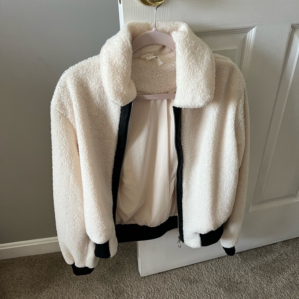 White Fuzzy Bomber Jacket with Black Trimming